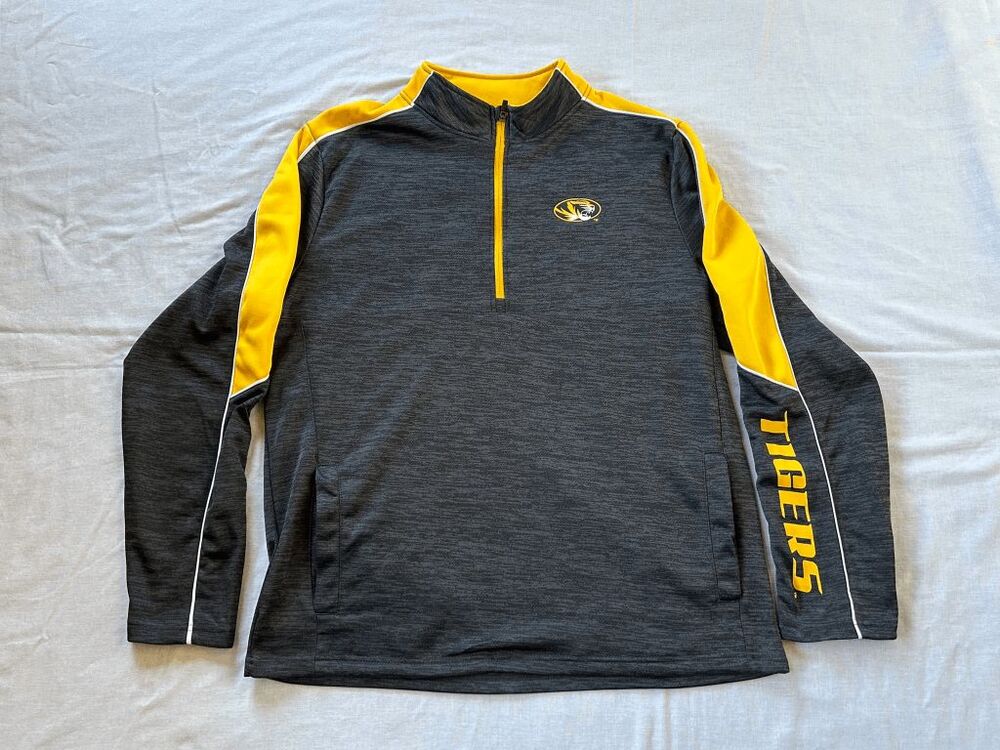 Men's Mizzou University 1/4 Zip Pullover Logo, Gray/Yellow Size XL, Pockets